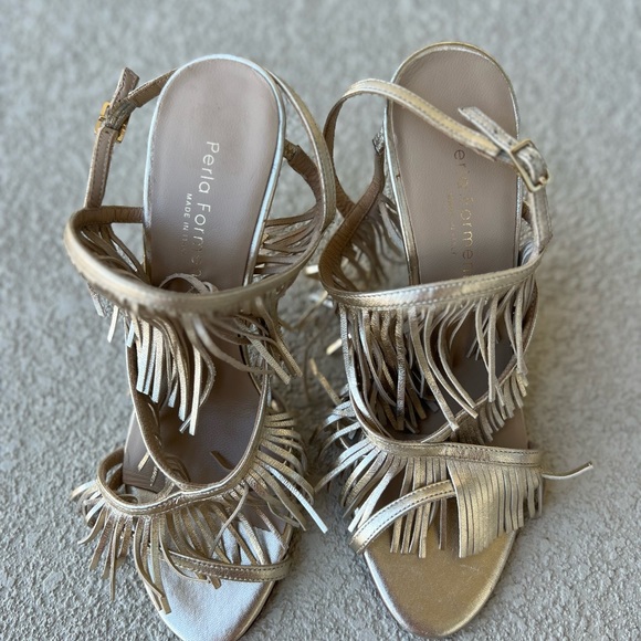Perla Formentini Allegra Gold Platino Fringe Leather Heels Size 39 - Picture 9 of 11